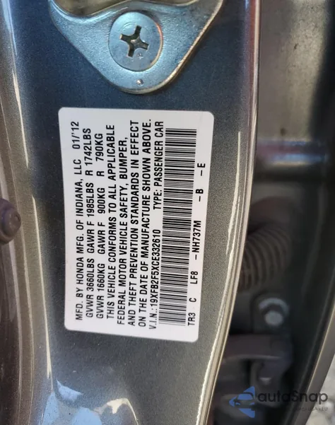 2012 Honda Civic Lx из США, поврежденный, VIN 19XFB2F5XCE332610